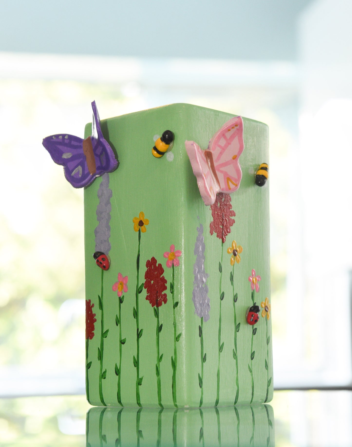 3D pastel wildlife vases, with hand painted wild flowers, clay bees, butterflies and ladybug, spring vase