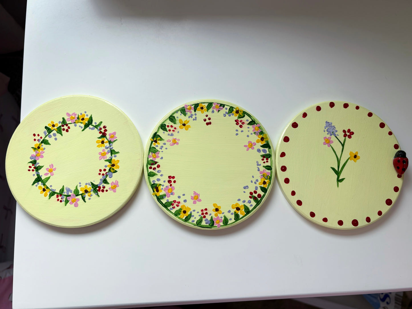 Pastel wildlife coasters, with hand painted wild flowers and a clay ladybug.