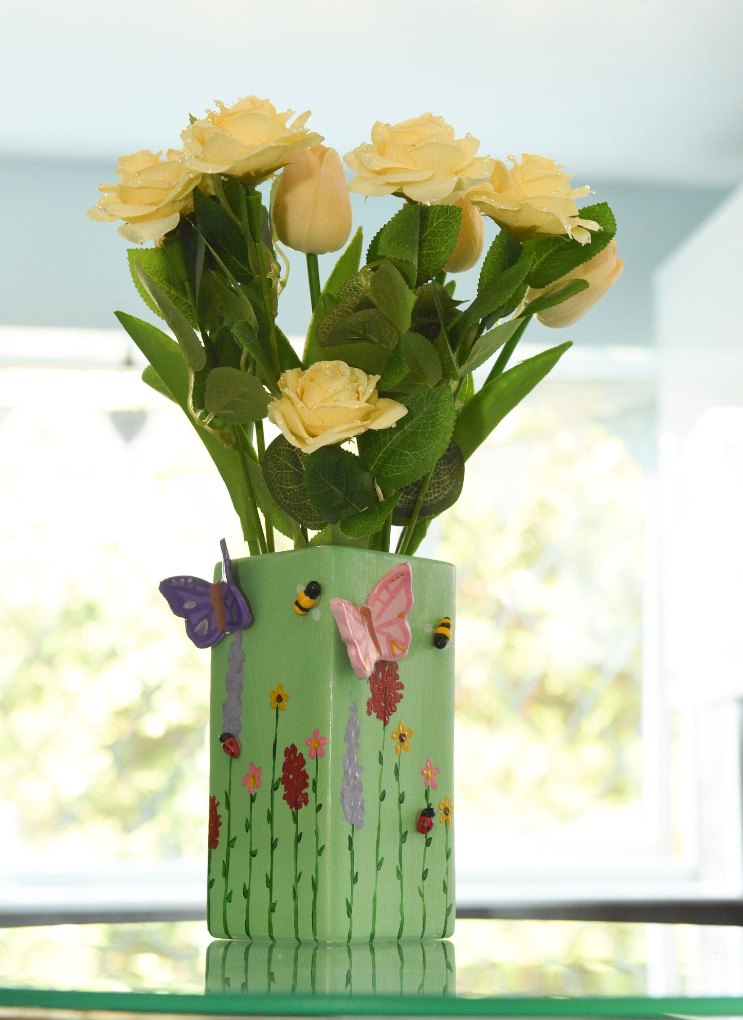 3D pastel wildlife vases, with hand painted wild flowers, clay bees, butterflies and ladybug, spring vase