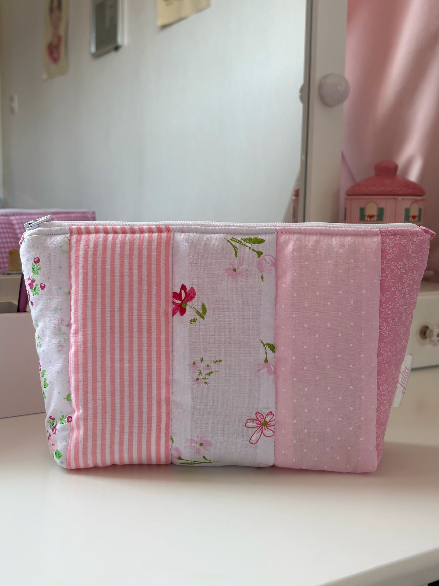 Handmade Floral Patchwork Quilted Makeup Bag with Gingham