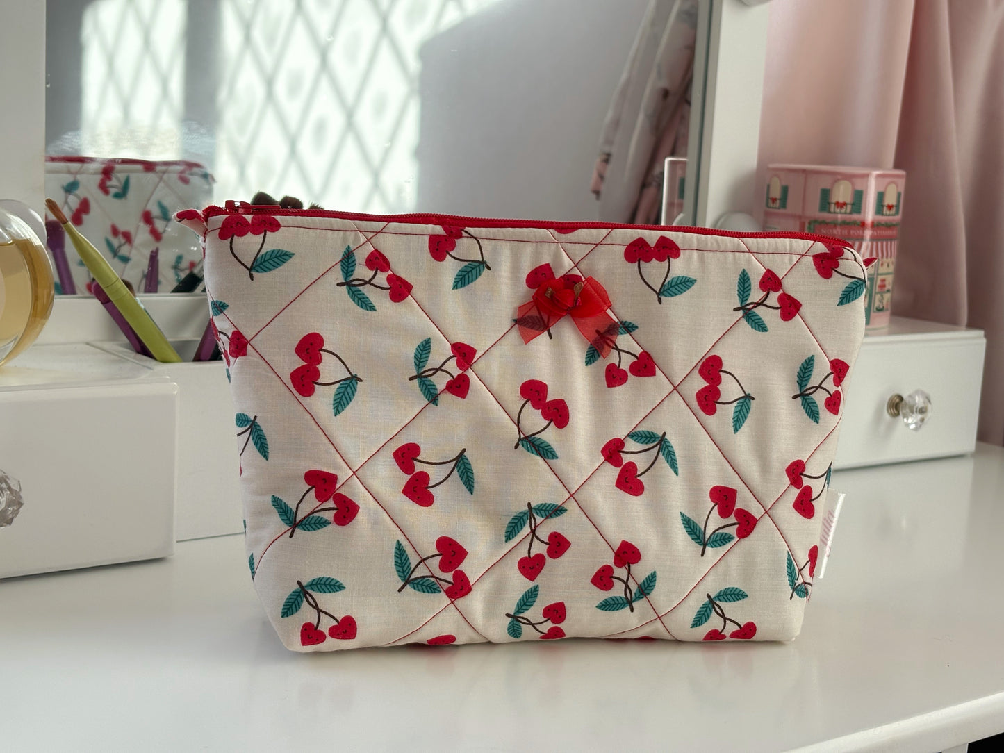 Handmade Red Cherry Bow Makeup Bag