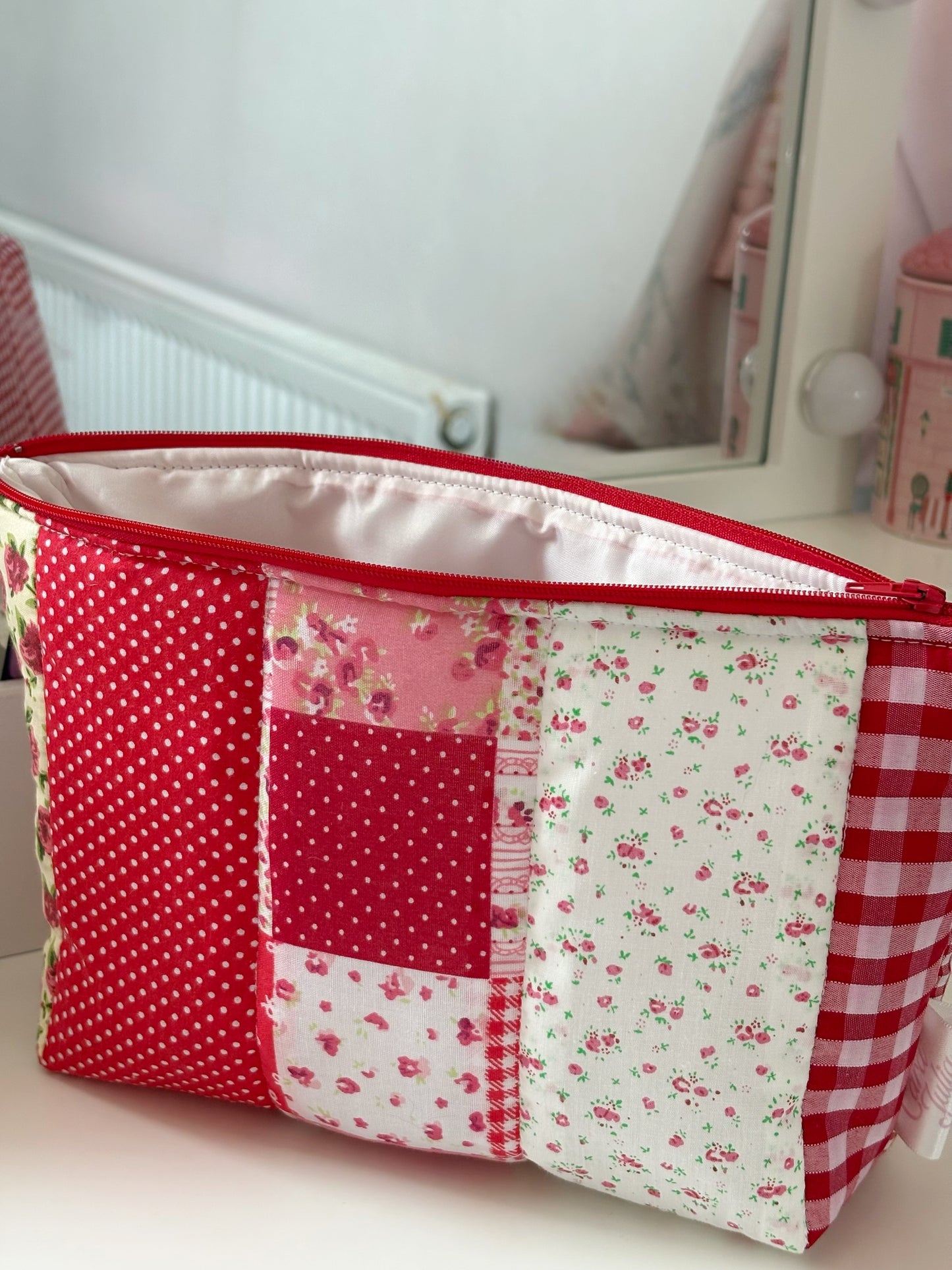 Handmade Floral Patchwork Quilted Makeup Bag with Gingham