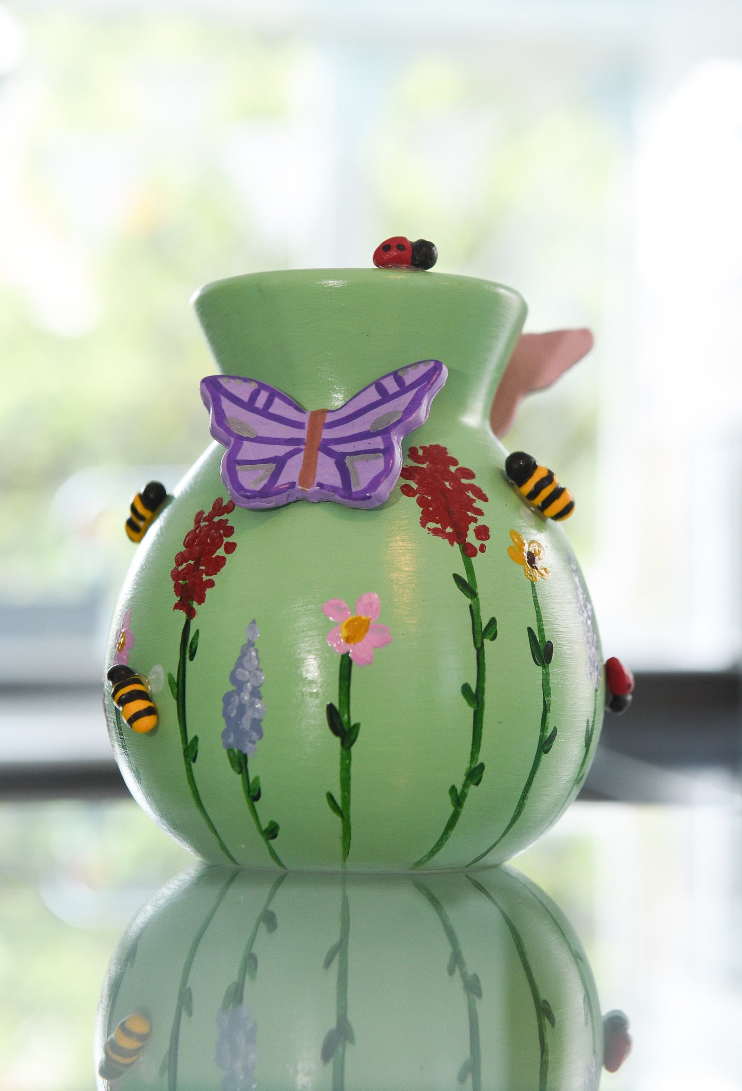 Pastel Wildlife Bulb Vase with Hand Painted Flowers and Clay Bees, Butterflies and Ladybugs