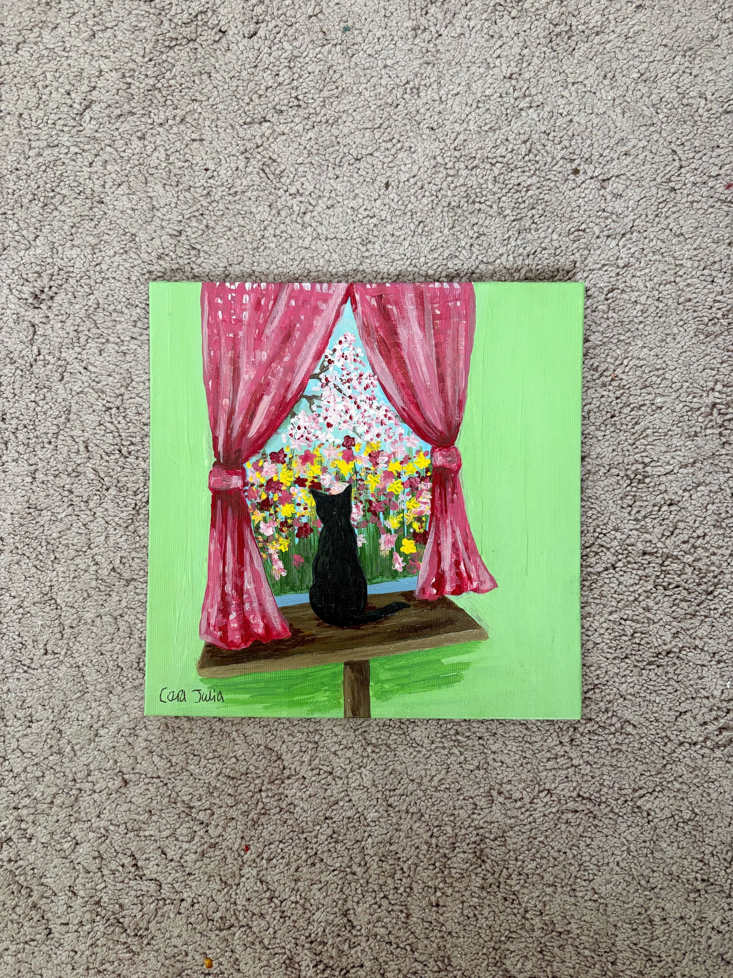Original Acrylic Painting on Canvas, Black Cat Looking Out Window at Flowers