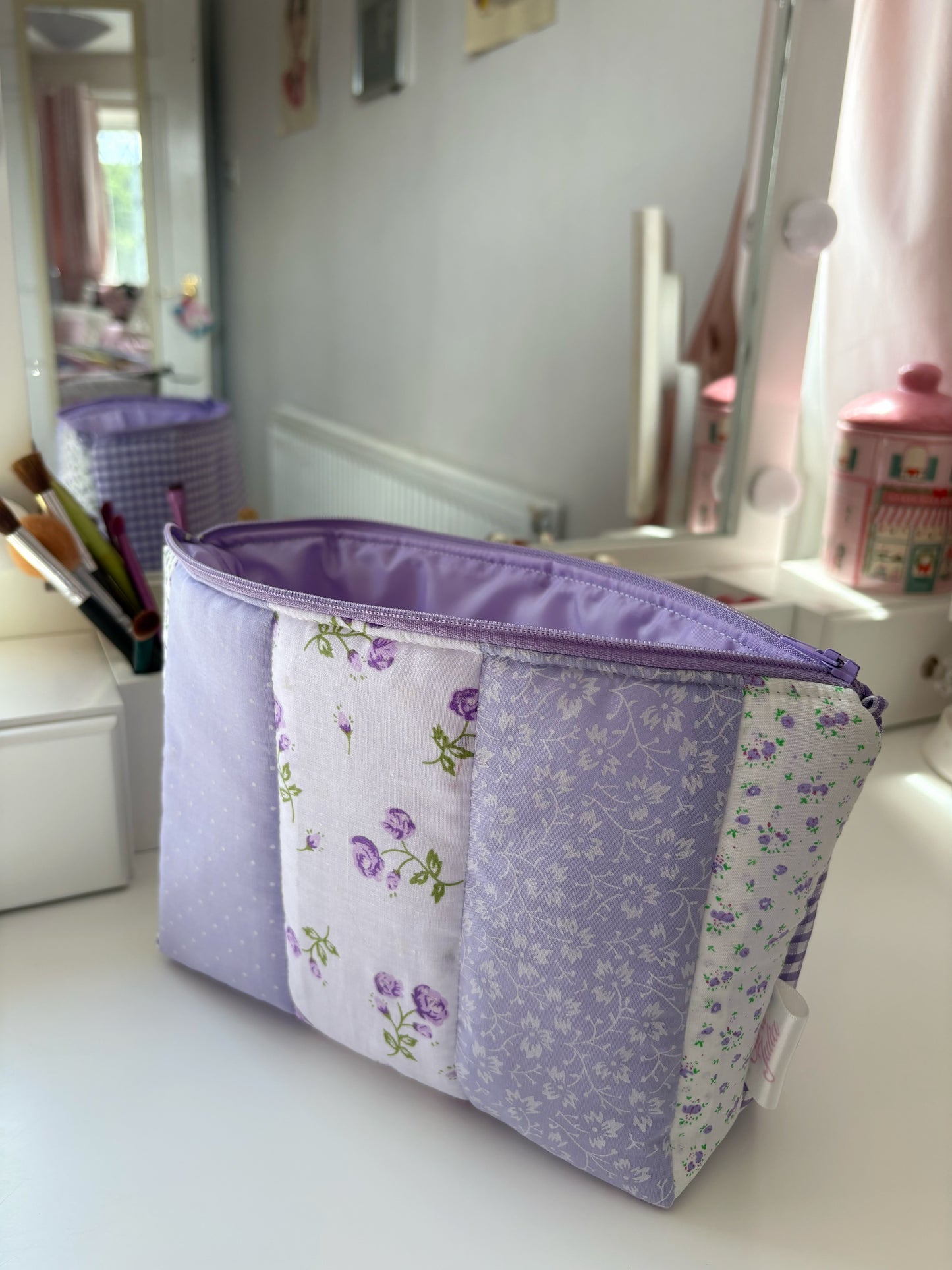 Handmade Floral Patchwork Quilted Makeup Bag with Gingham