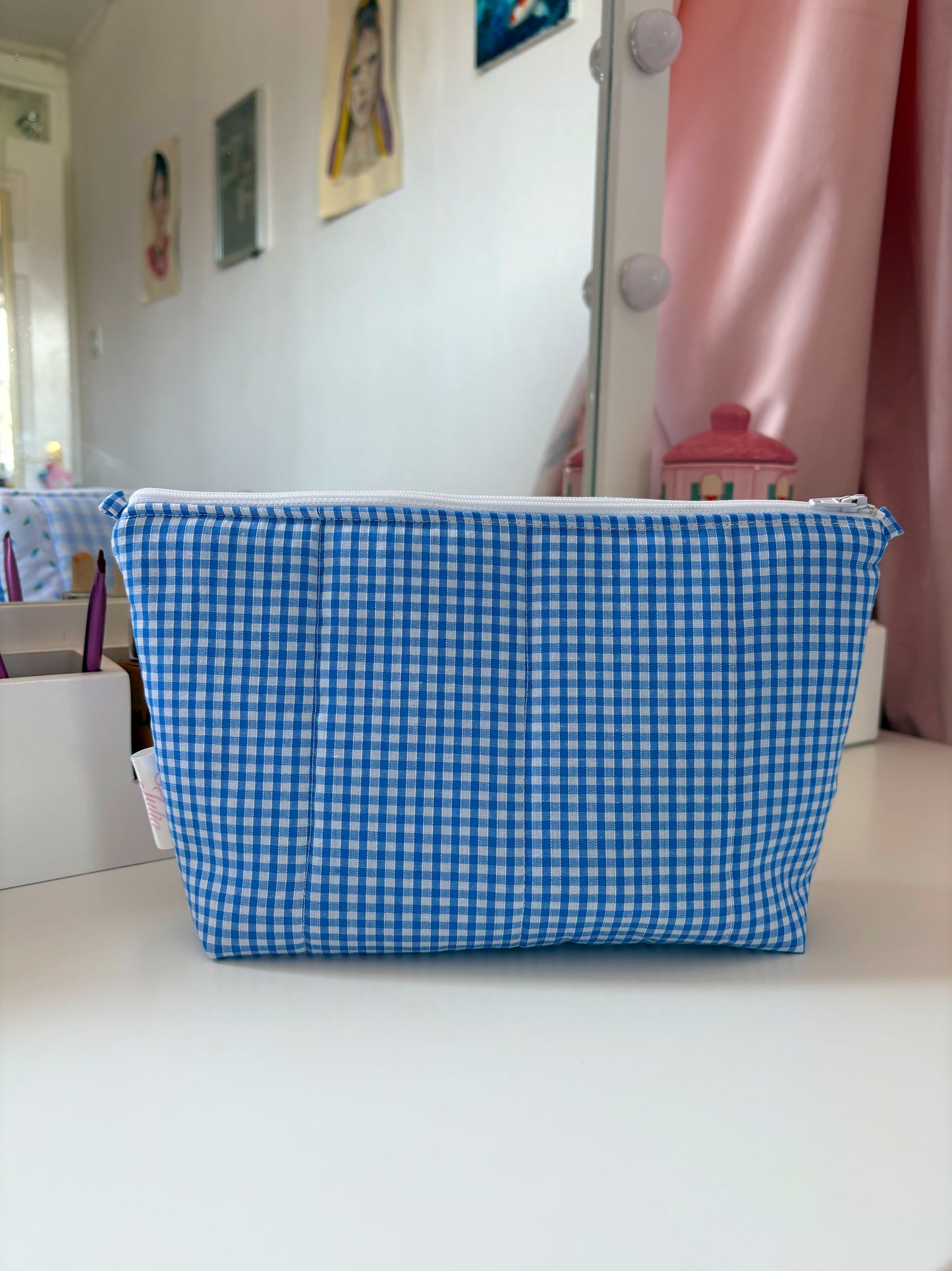 Handmade Floral Patchwork Quilted Makeup Bag with Gingham