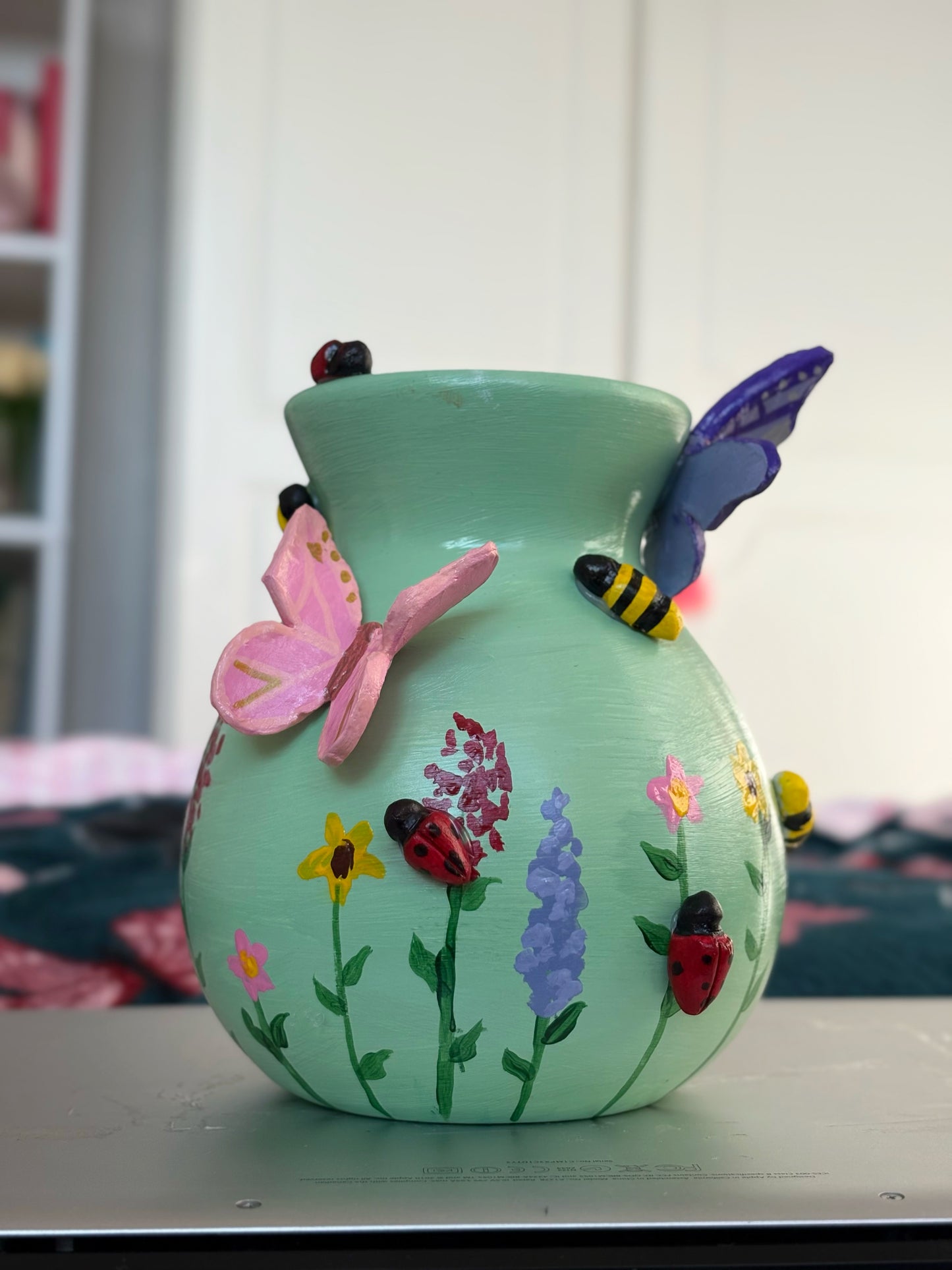 Pastel Wildlife Bulb Vase with Hand Painted Flowers and Clay Bees, Butterflies and Ladybugs