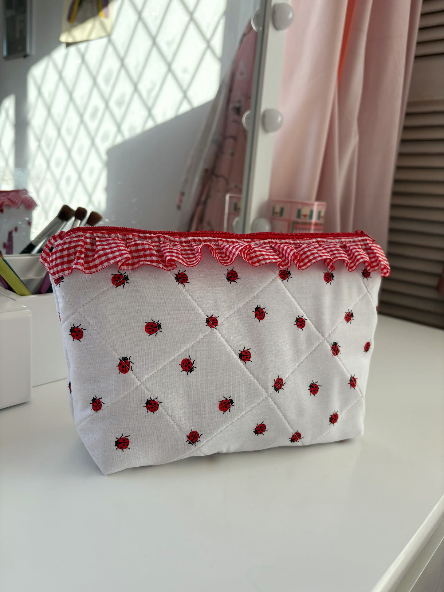 Handmade Red and White Ladybug Frill Makeup Bag