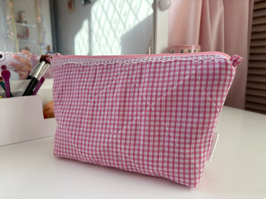 Handmade Pink Gingham Lace Makeup Bag
