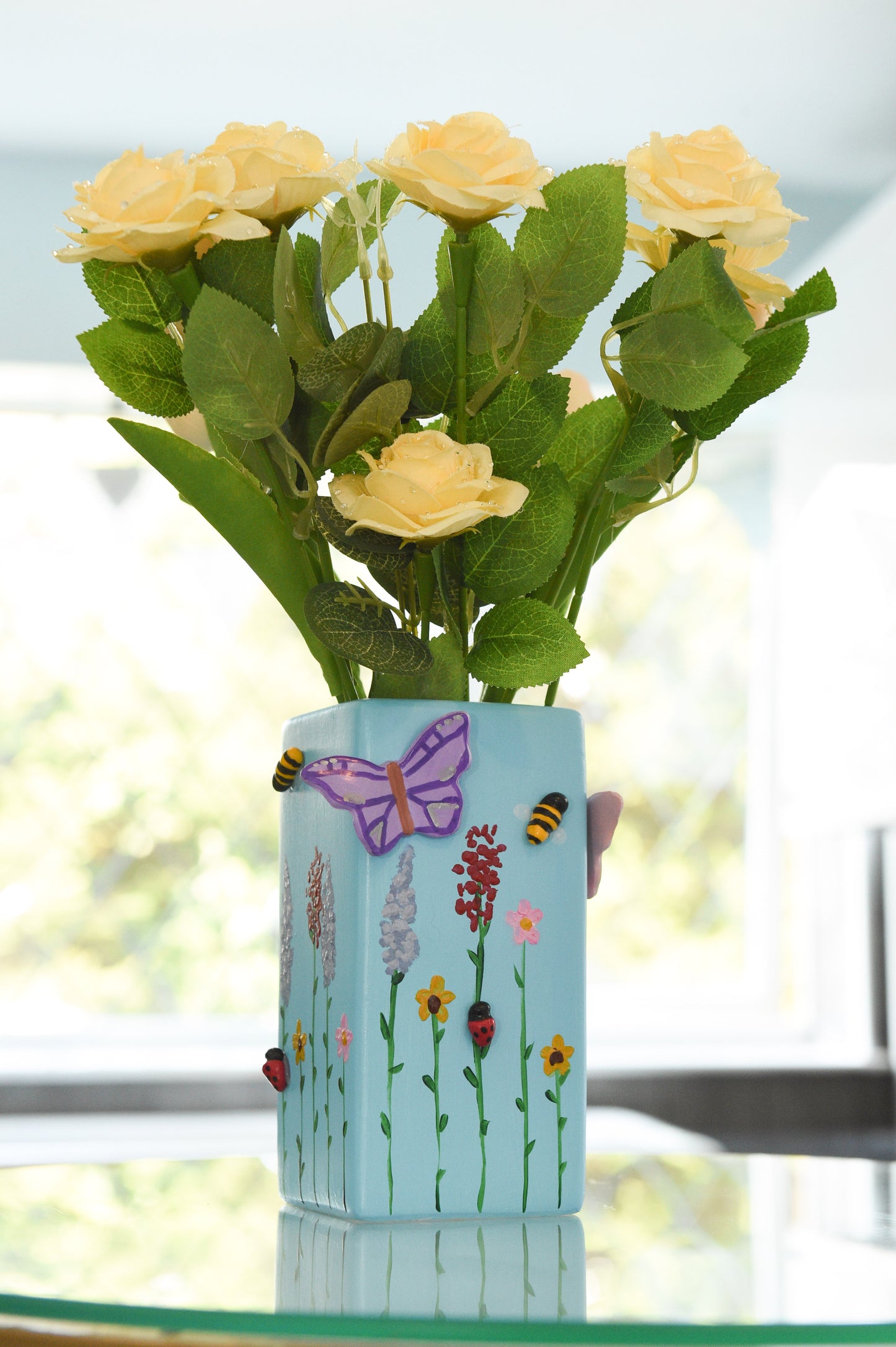 3D pastel wildlife vases, with hand painted wild flowers, clay bees, butterflies and ladybug, spring vase