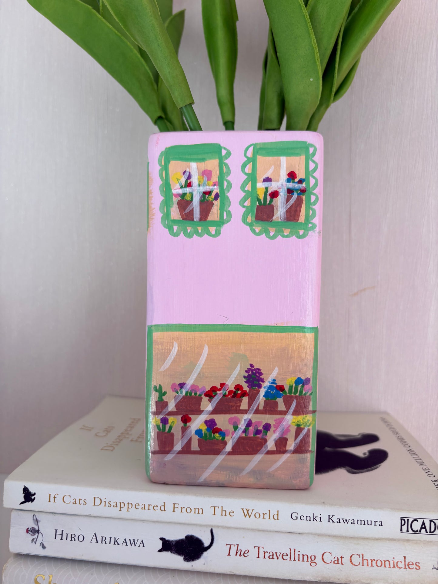 One of a Kind Pink Flower Shop Hand Painted Vase