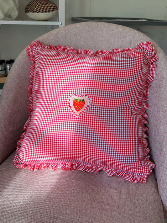 Red Gingham and Ruffle Cushion with Appliqué Strawberry Heart