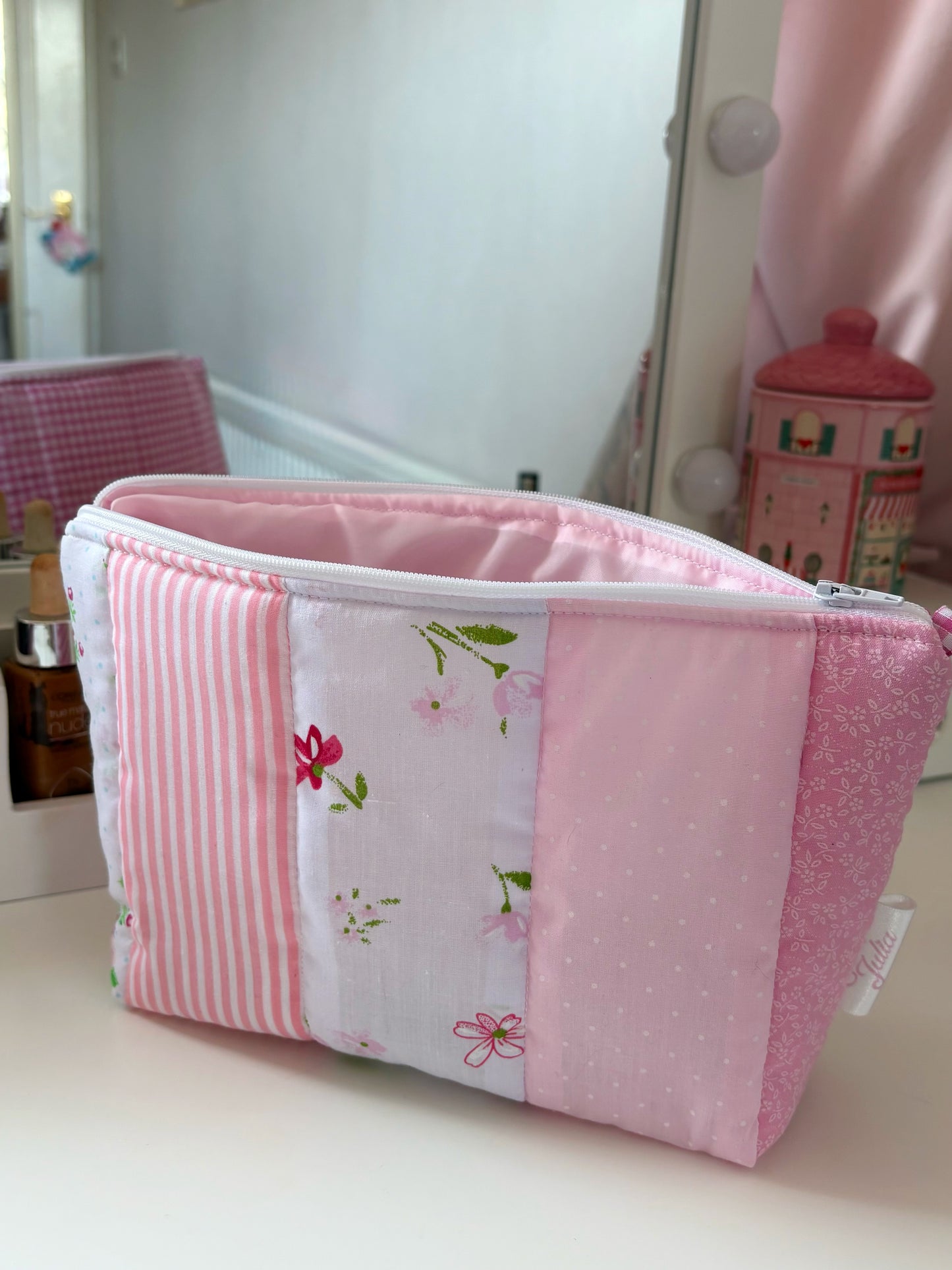 Handmade Floral Patchwork Quilted Makeup Bag with Gingham