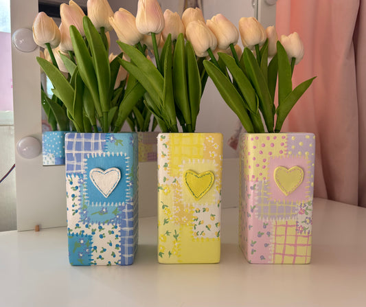 Hand painted patch work quilt vase with 3d heart and floral patterns