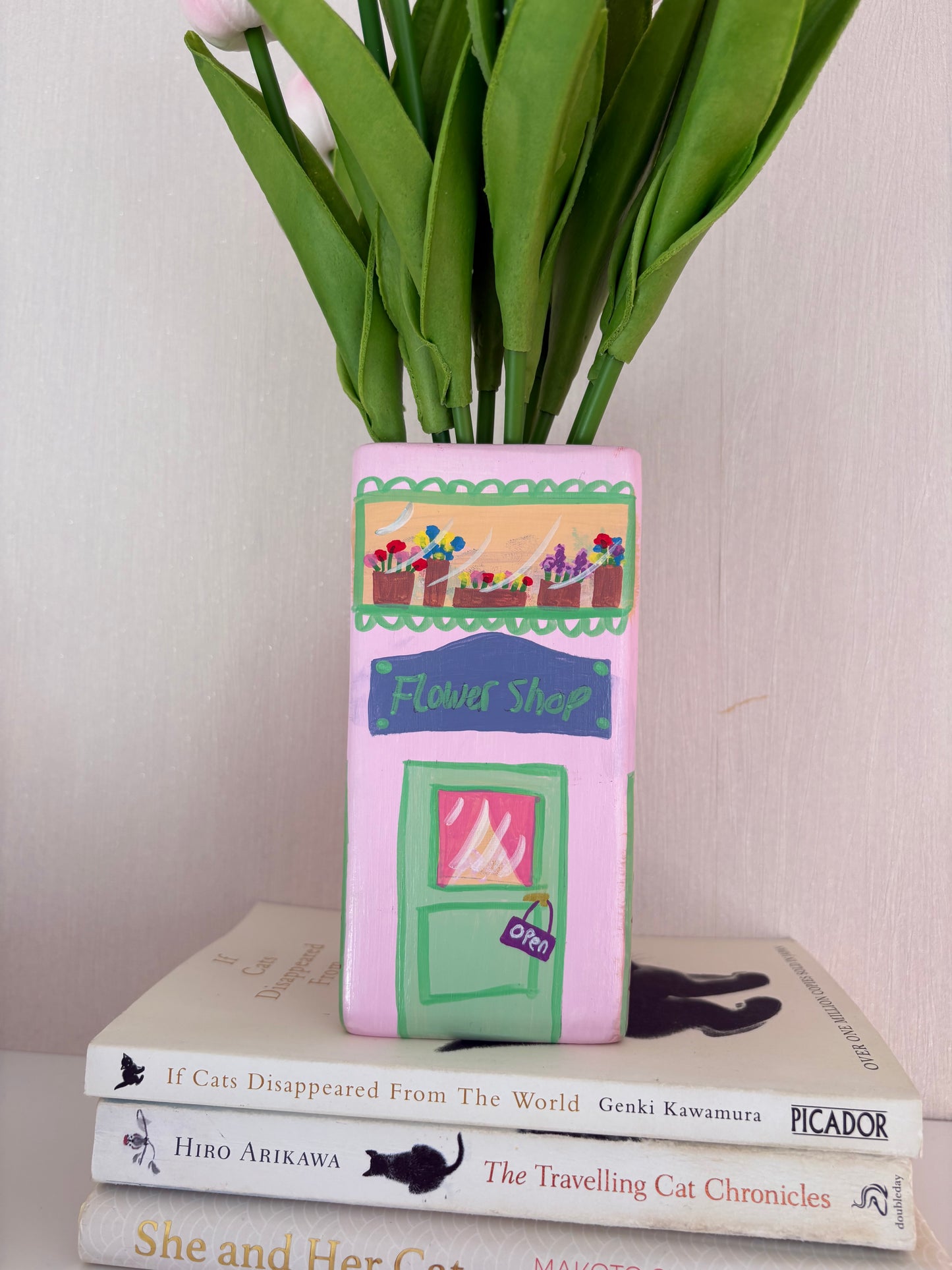 One of a Kind Pink Flower Shop Hand Painted Vase