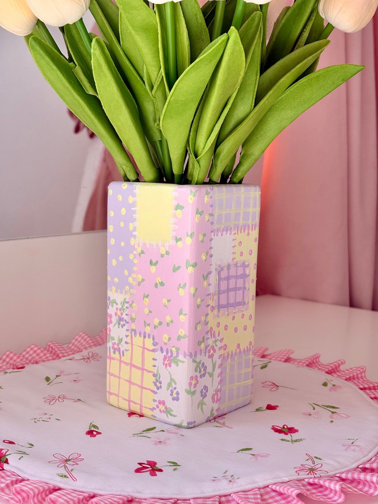 Hand painted patch work quilt vase with 3d heart and floral patterns