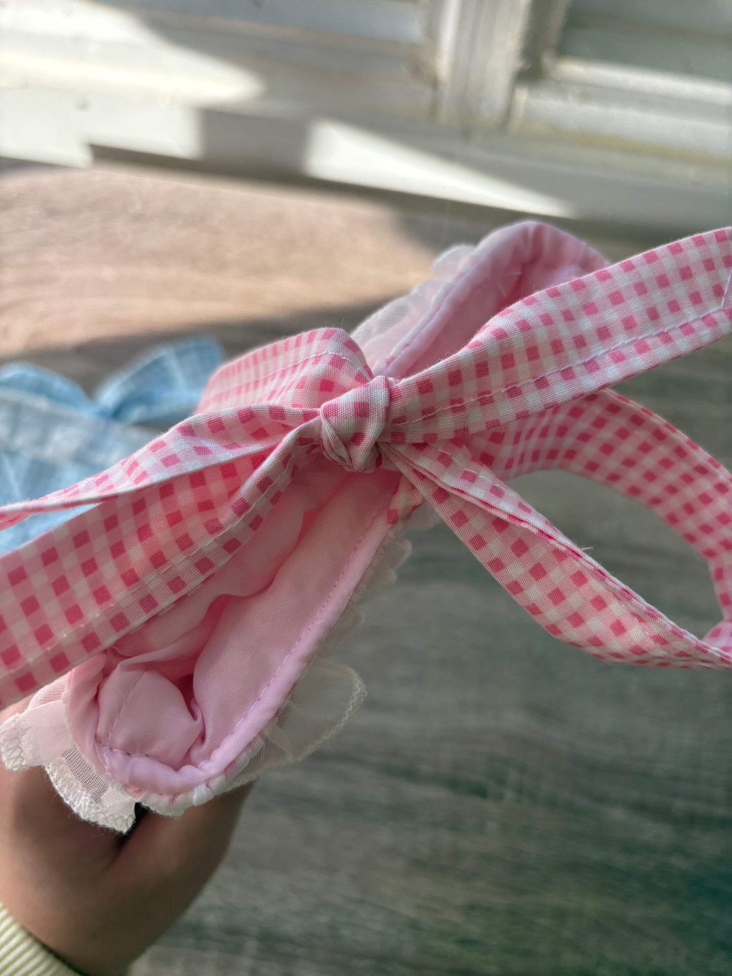 Pink and white gingham quilted kindle sleeve handmade with cherry appliqué