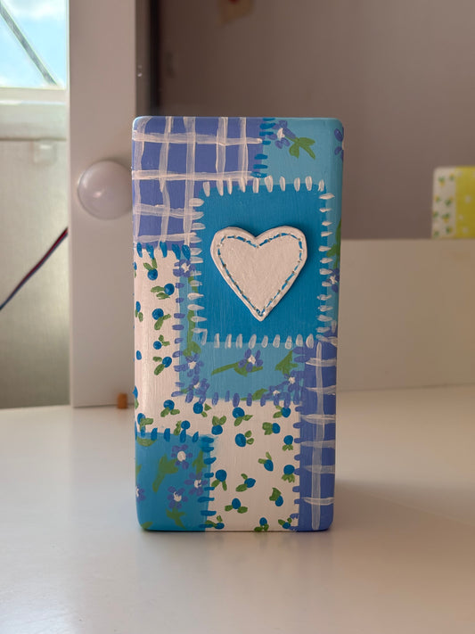 Hand painted patch work quilt vase with 3d heart and floral patterns