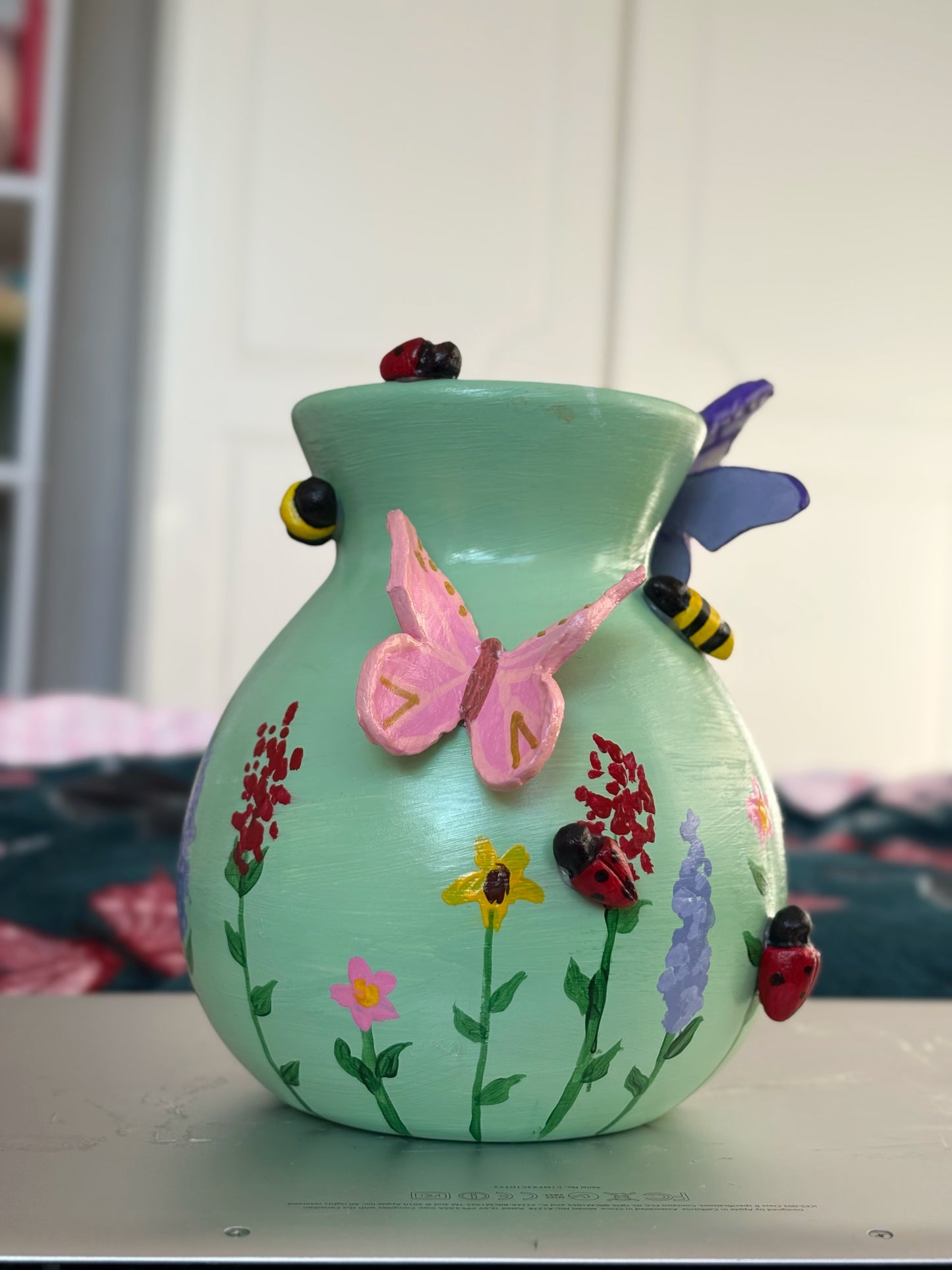 Pastel Wildlife Bulb Vase with Hand Painted Flowers and Clay Bees, Butterflies and Ladybugs