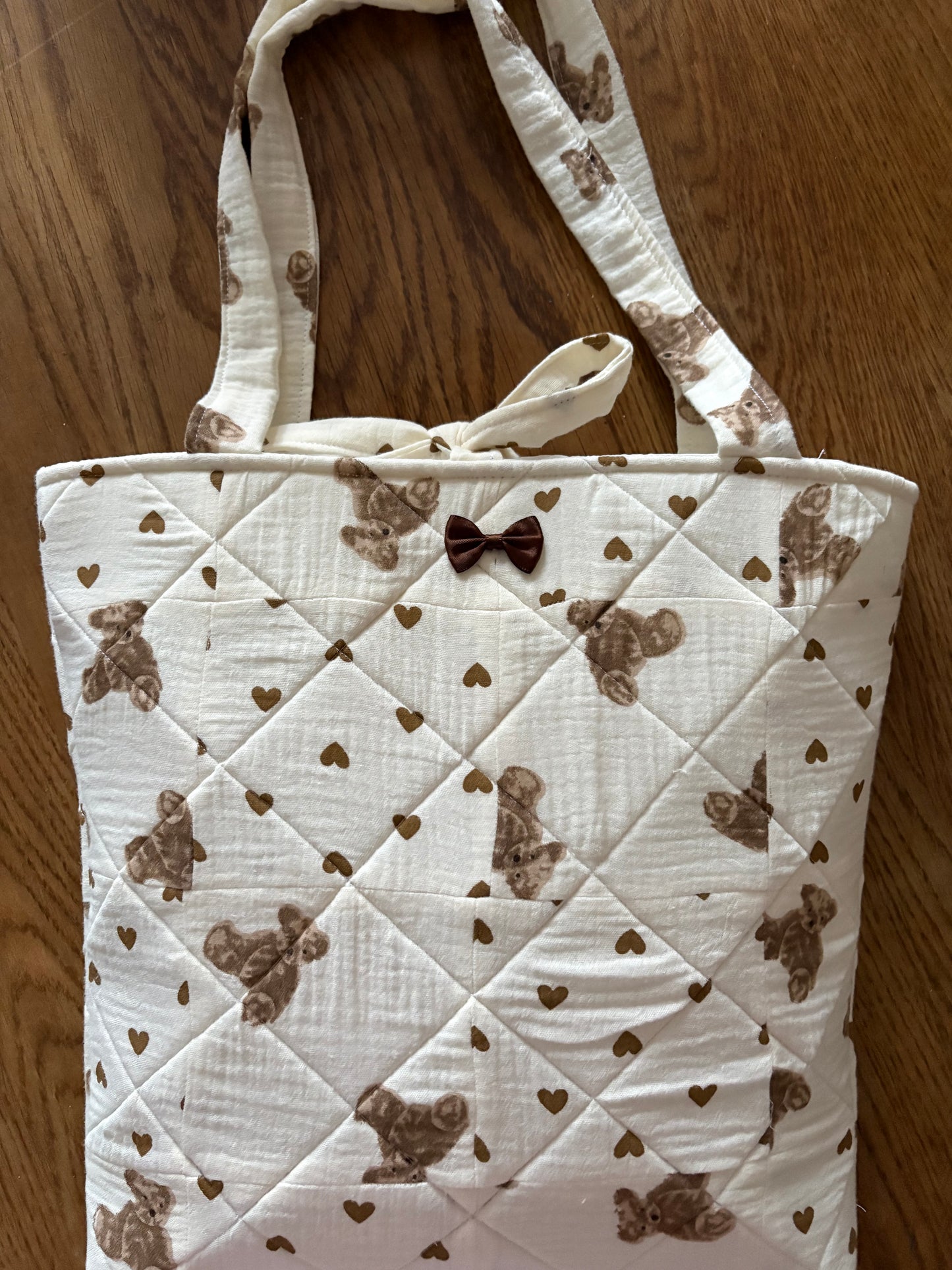 Cream and Brown Quilted Patchwork Hearts and Teddy Bear Tote Bag