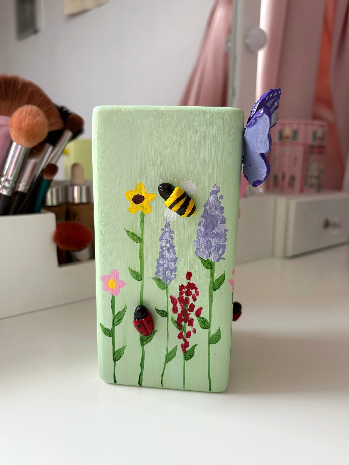 3D pastel wildlife vases, with hand painted wild flowers, clay bees, butterflies and ladybug, spring vase
