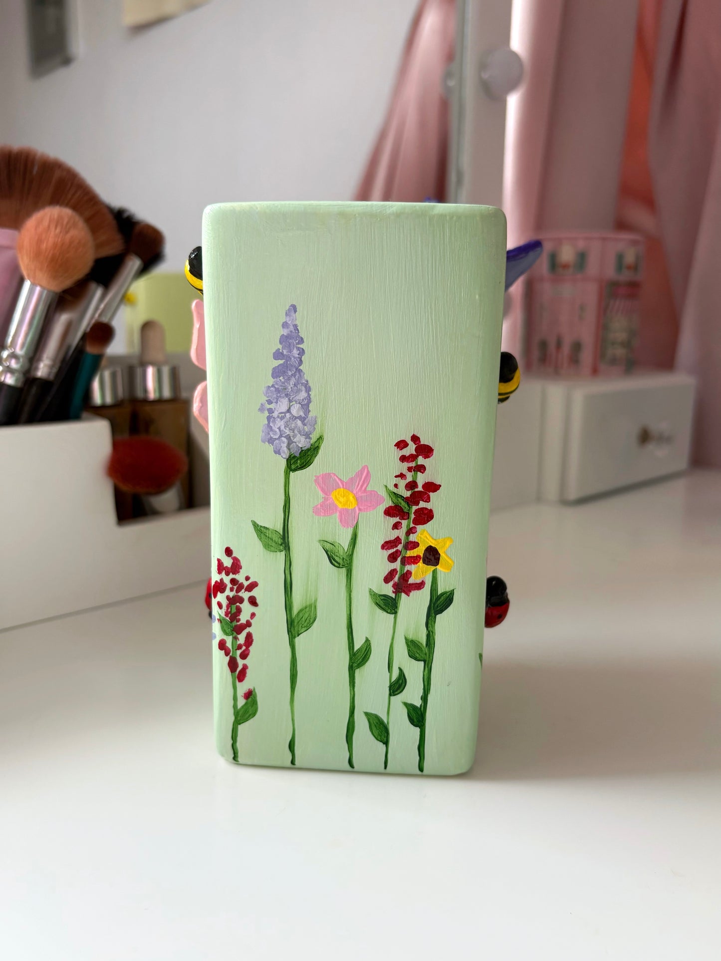 3D pastel wildlife vases, with hand painted wild flowers, clay bees, butterflies and ladybug, spring vase