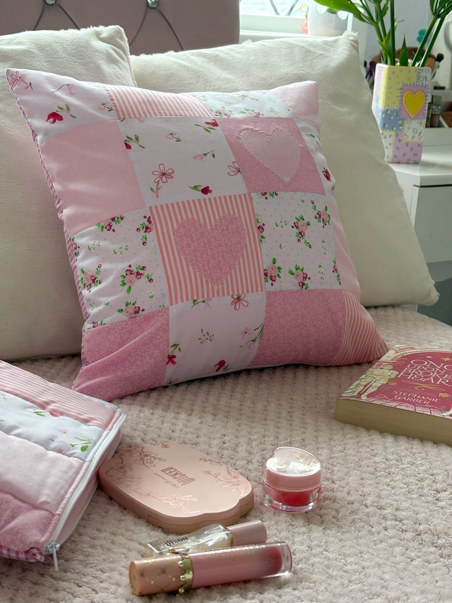 Handmade Heart Appliqué Patchwork Cushion