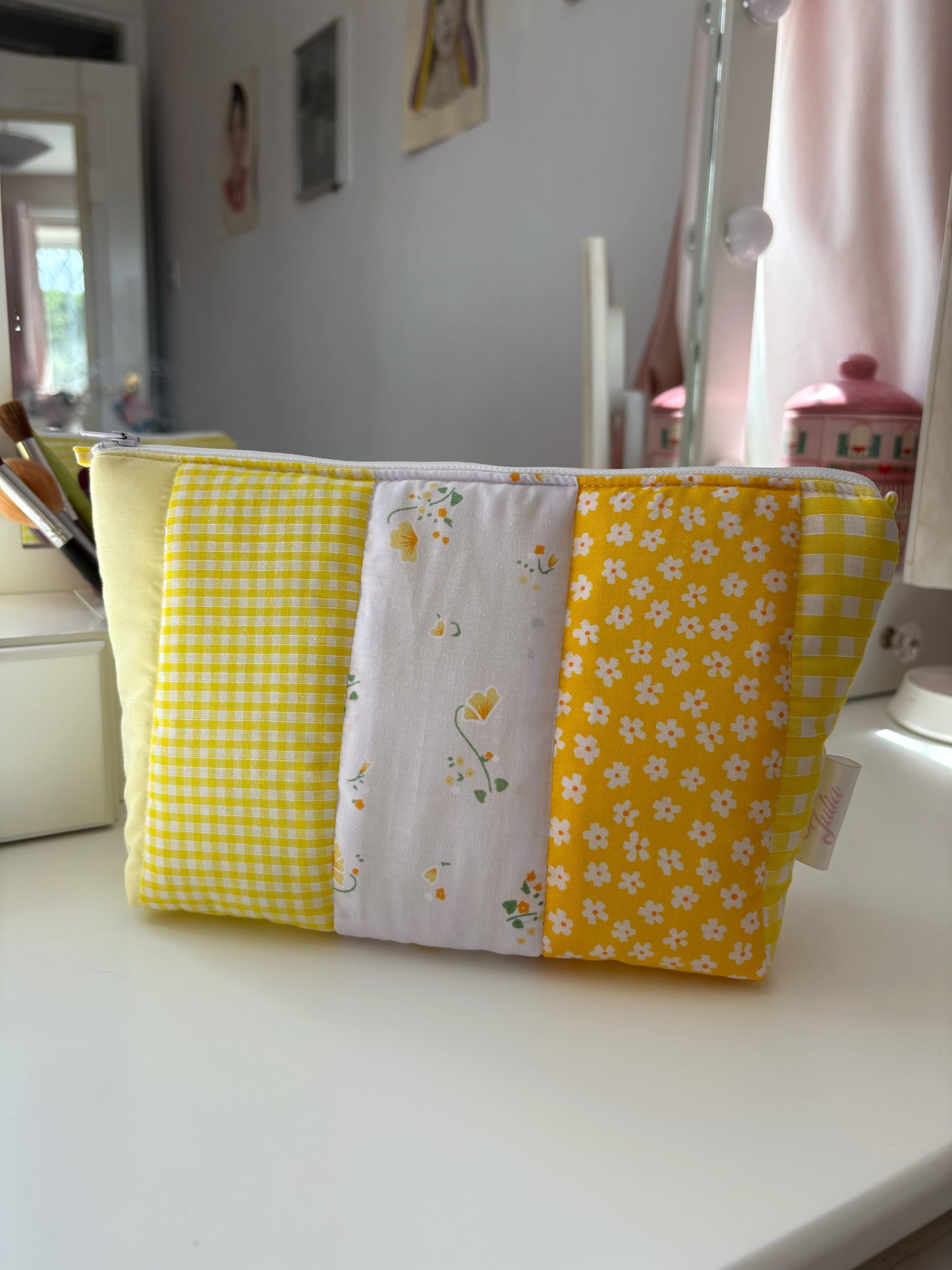 Handmade Floral Patchwork Quilted Makeup Bag with Gingham