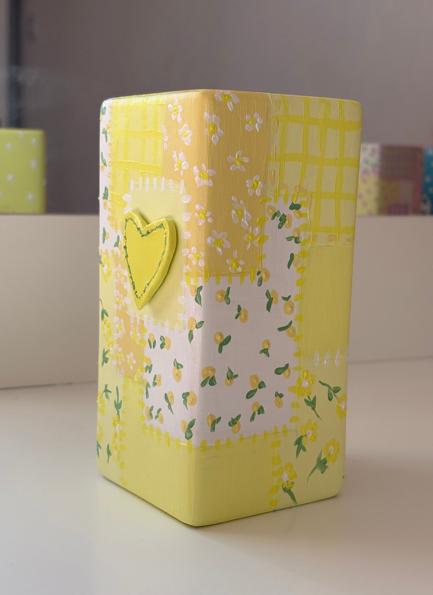 Hand painted patch work quilt vase with 3d heart and floral patterns
