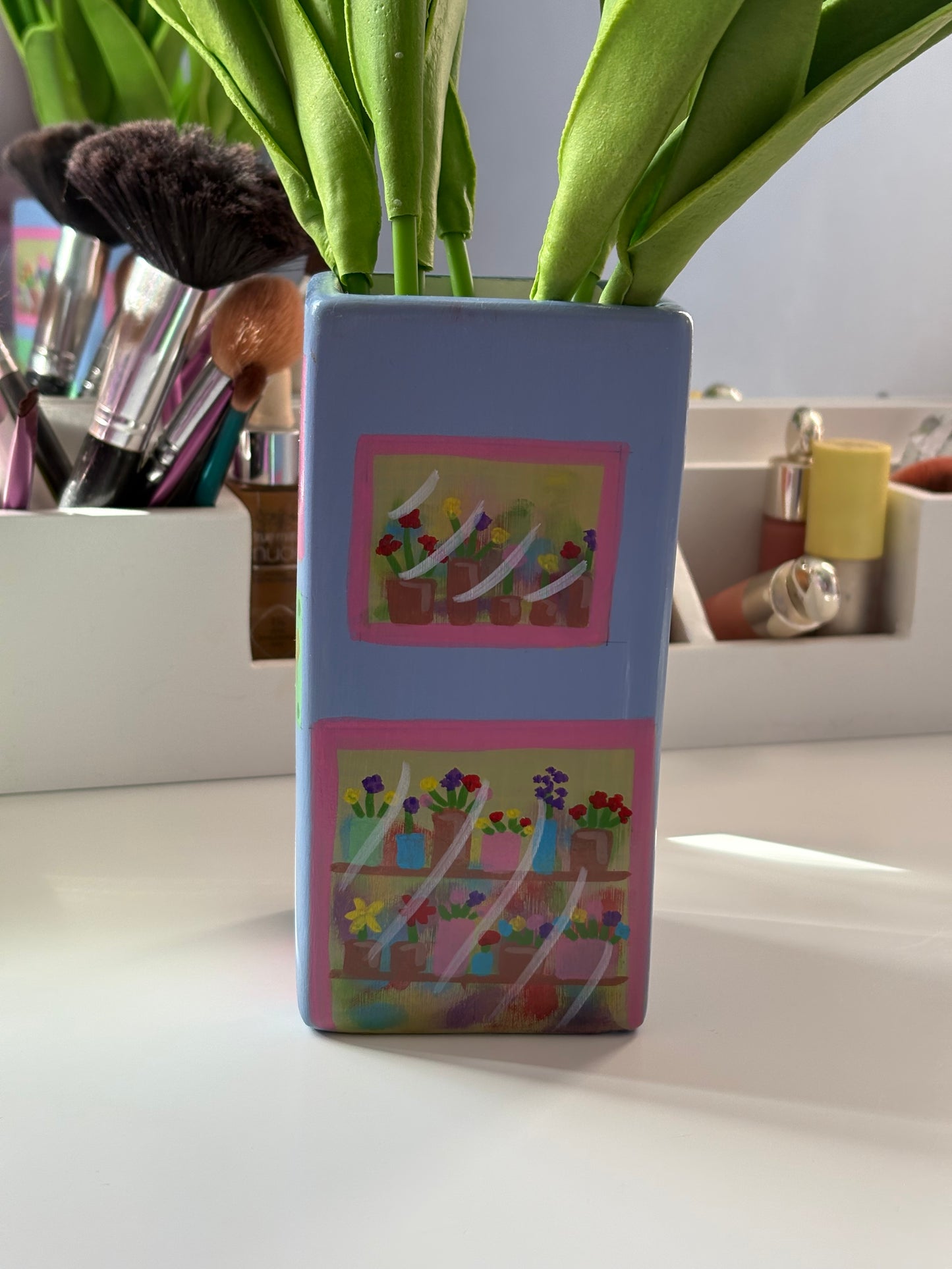 One of a Kind Lilac Purple Flower Shop Hand Painted Vase