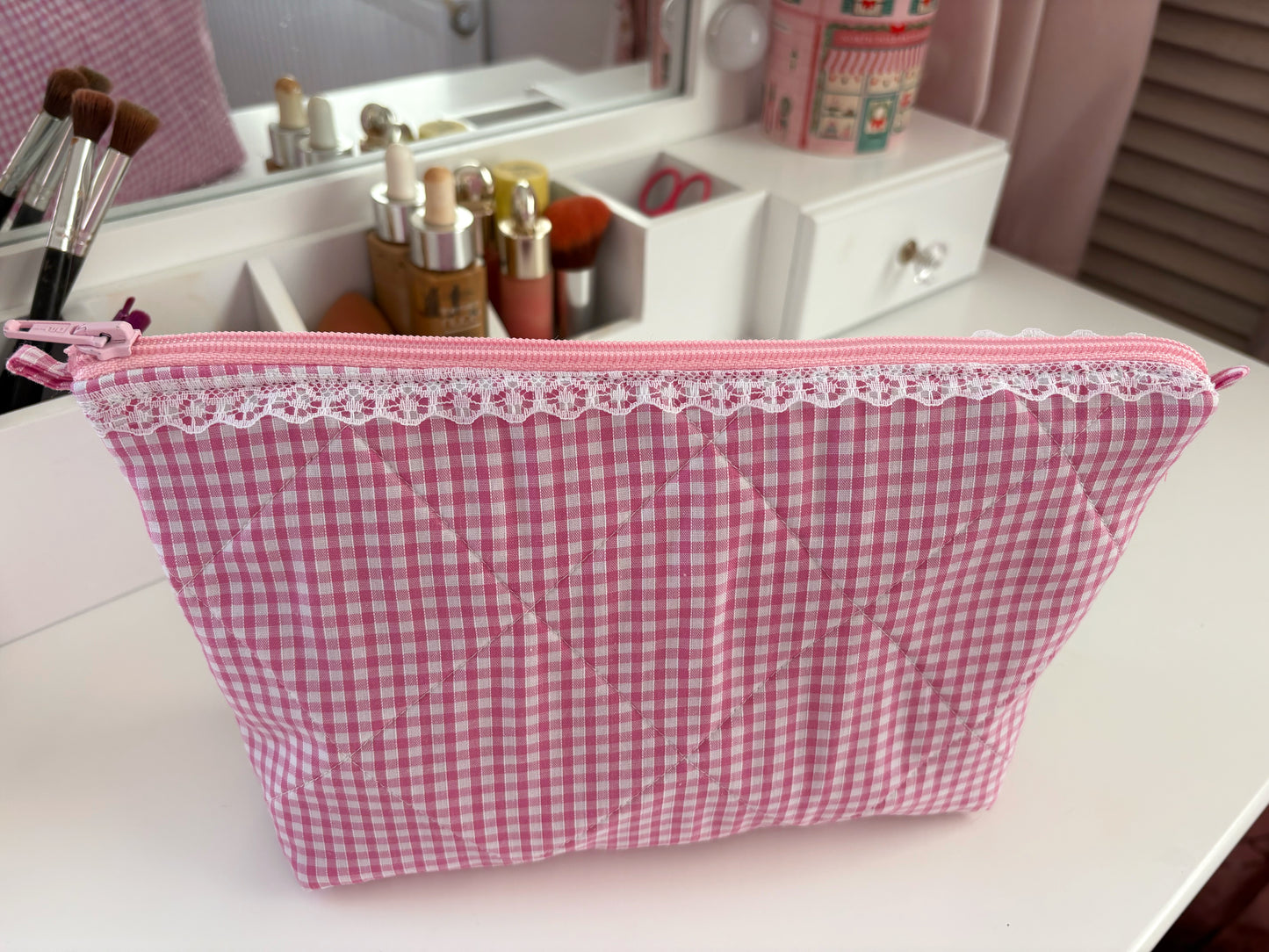 Handmade Pink Gingham Lace Makeup Bag
