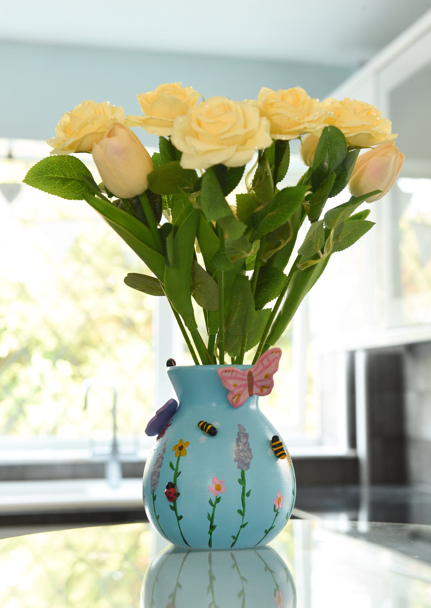 Pastel Wildlife Bulb Vase with Hand Painted Flowers and Clay Bees, Butterflies and Ladybugs