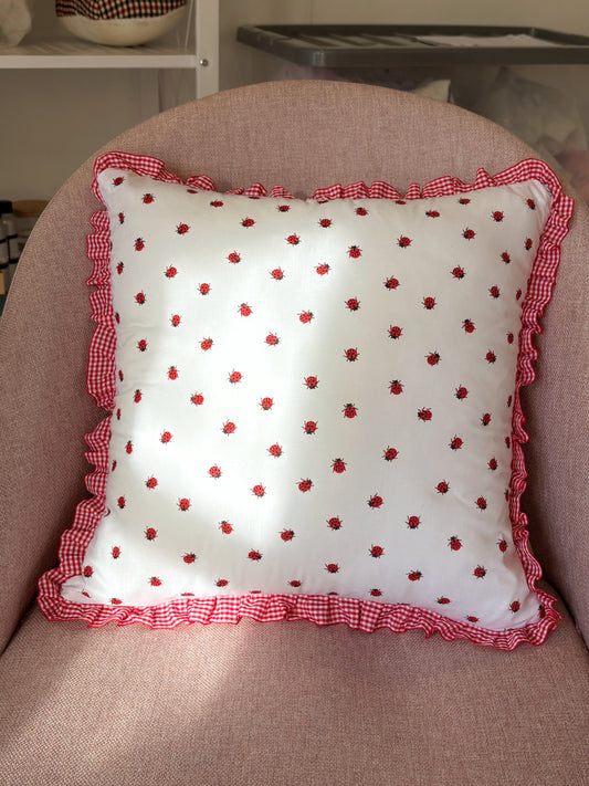 Red and White Ladybug and Gingham Ruffle Cushion