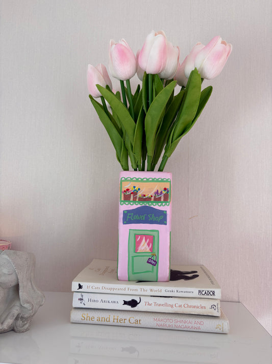 One of a Kind Pink Flower Shop Hand Painted Vase