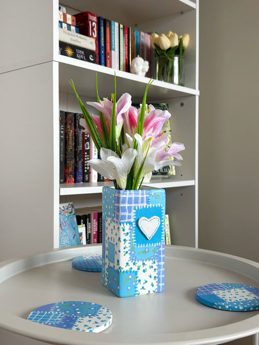 Pastel Patchwork Vase and Coaster Set, With Clay appliqué heart