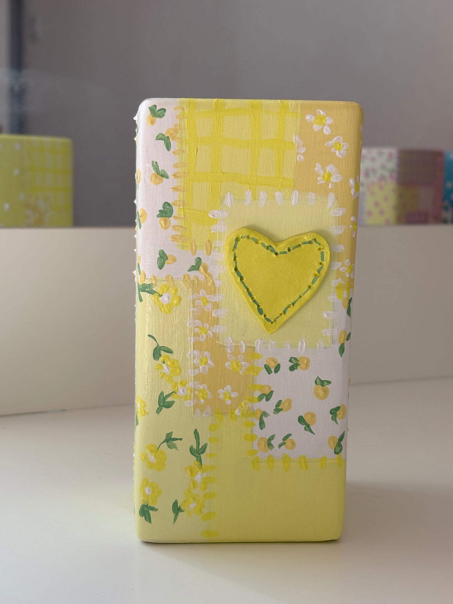 Hand painted patch work quilt vase with 3d heart and floral patterns