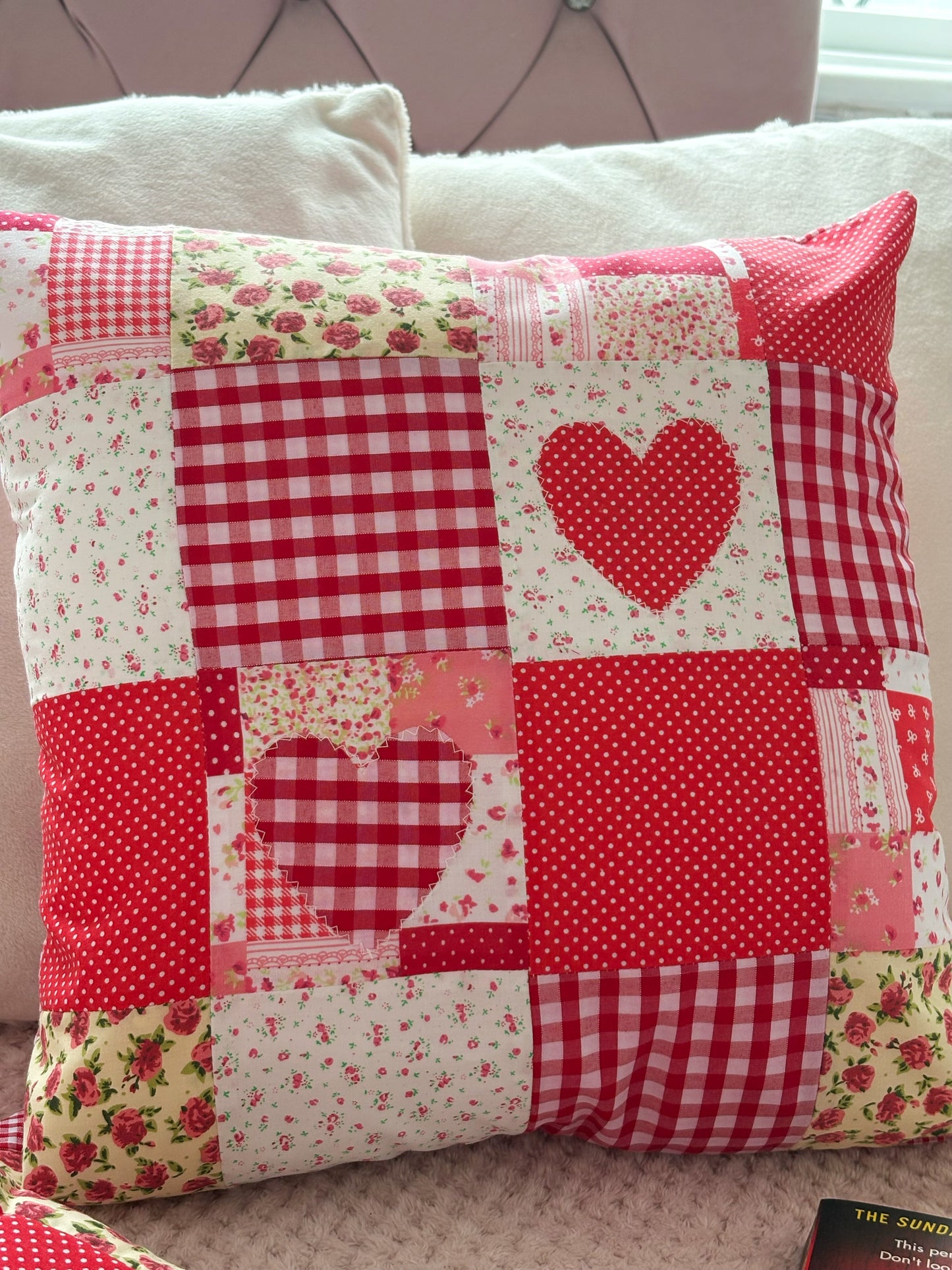 Handmade Heart Appliqué Patchwork Cushion