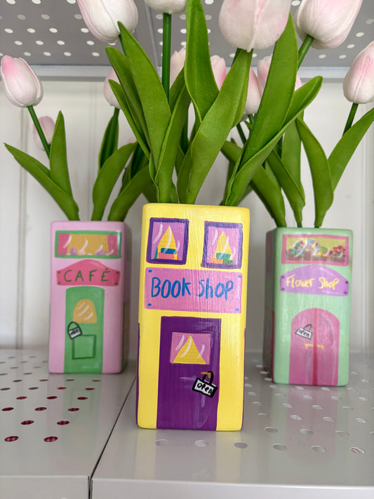 One of a Kind Yellow Book Shop Hand Painted Vase