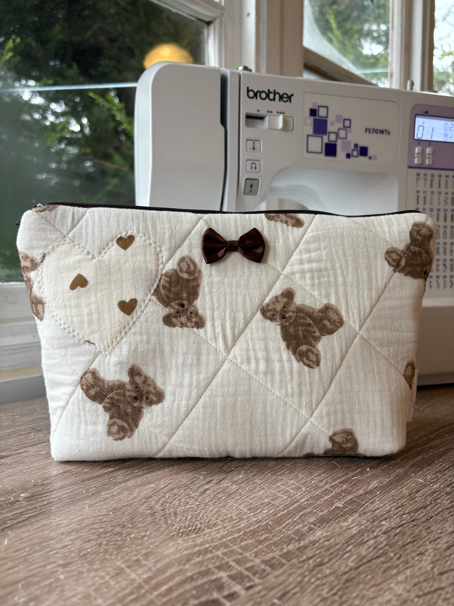 Handmade Brown Teddy Bear Print Makeup Bag