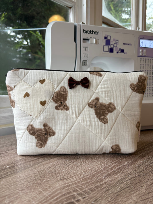 Handmade Brown Teddy Bear Print Makeup Bag