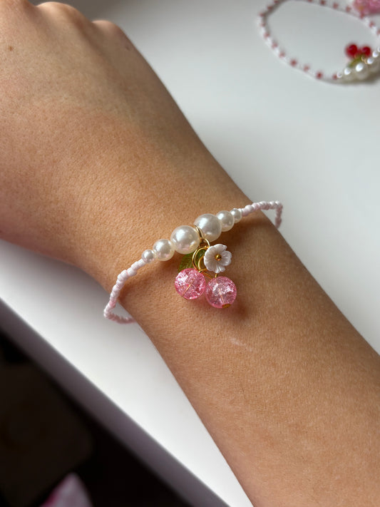 Pink and White Pearl Beaded Berry Cherry Bracelet