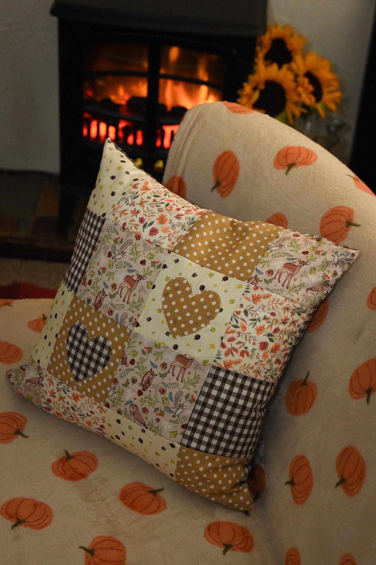 Handmade Autumn Heart Appliqué Patchwork Cushion