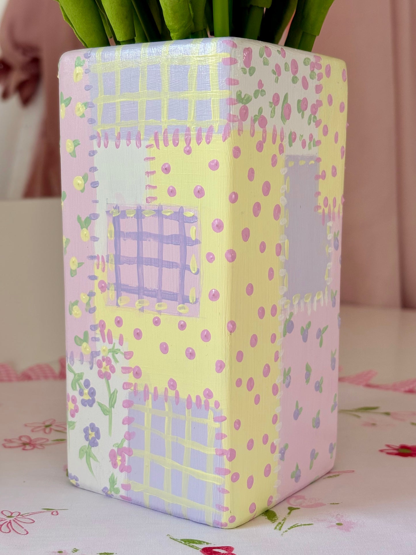 Hand painted patch work quilt vase with 3d heart and floral patterns