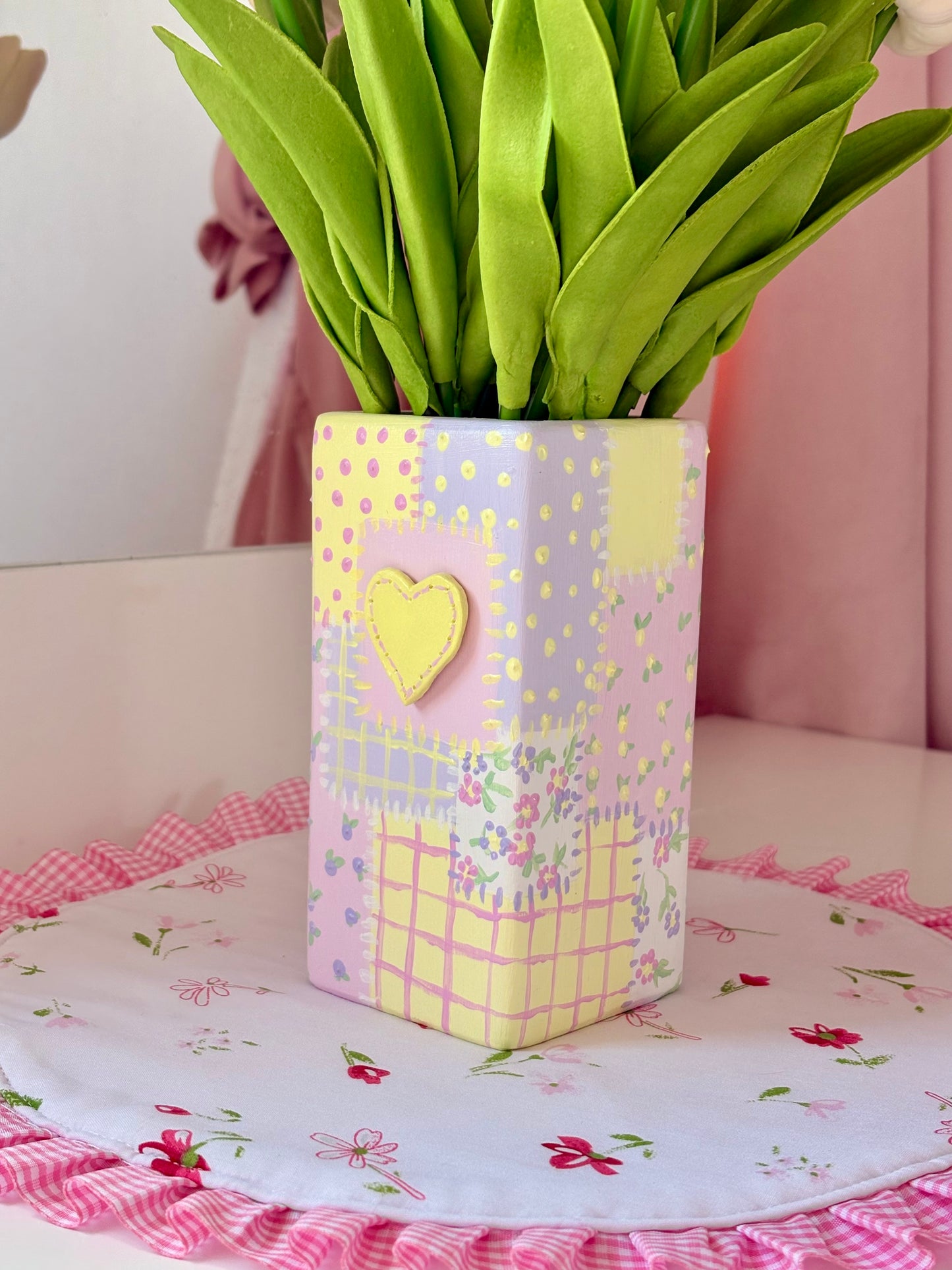 Hand painted patch work quilt vase with 3d heart and floral patterns