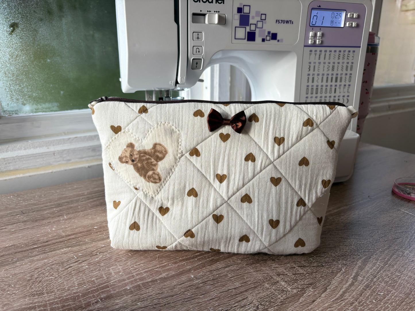 Handmade Brown Heart and Bear Quilted Makeup Bag