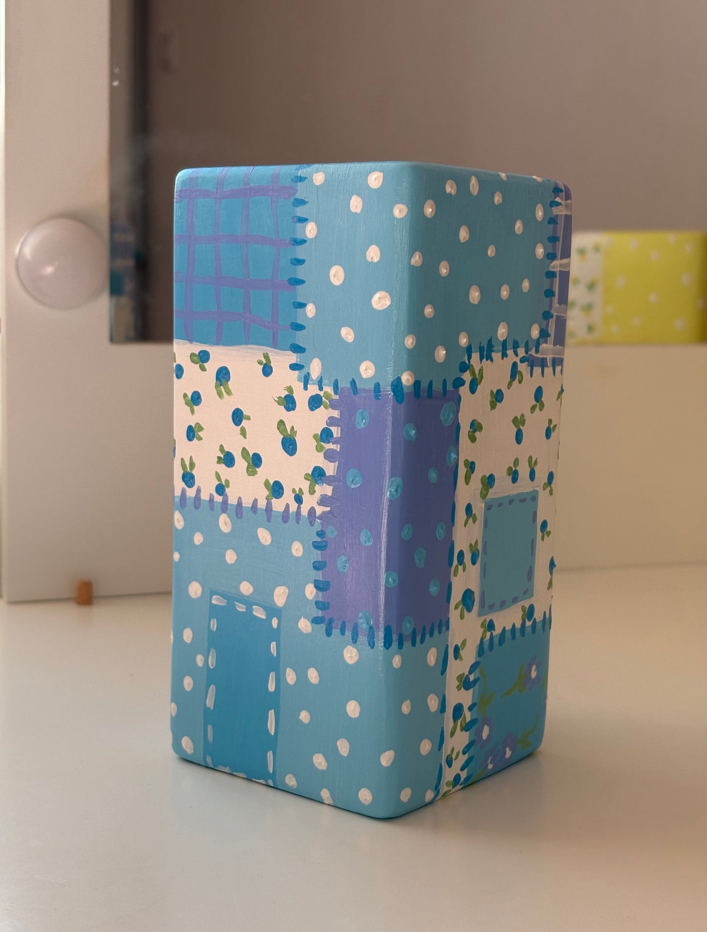 Hand painted patch work quilt vase with 3d heart and floral patterns