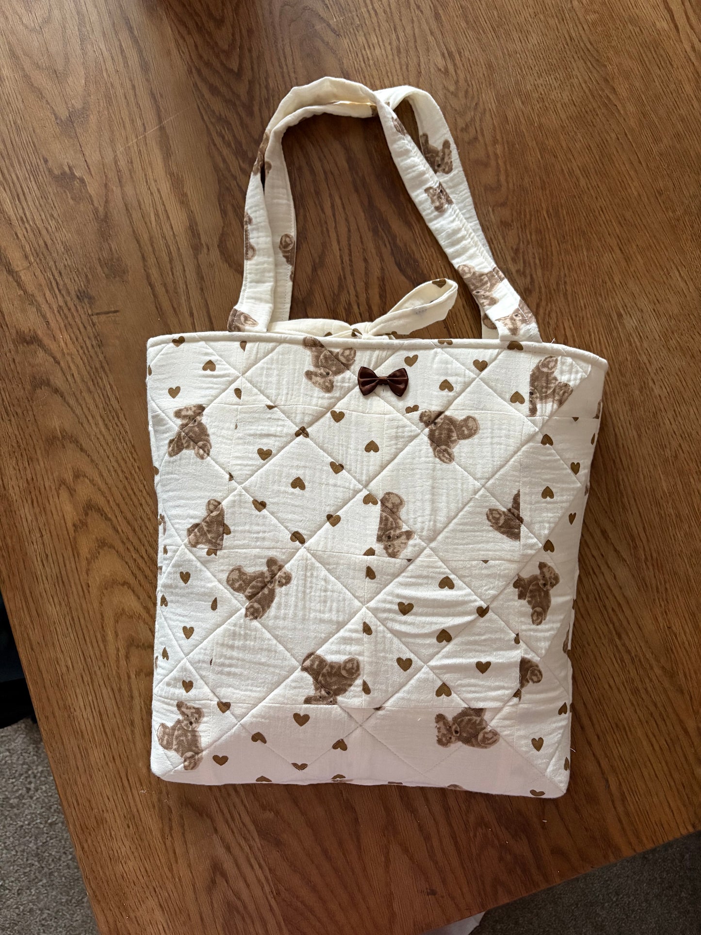 Cream and Brown Quilted Patchwork Hearts and Teddy Bear Tote Bag