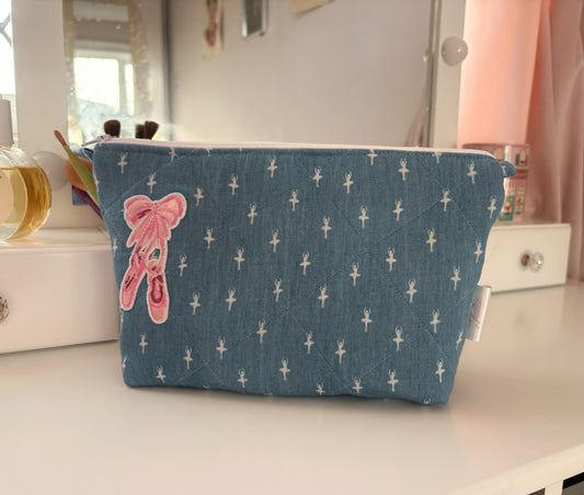Handmade Blue Denim Ballerina Print Makeup Bag with Ballet Slipper Appliqué