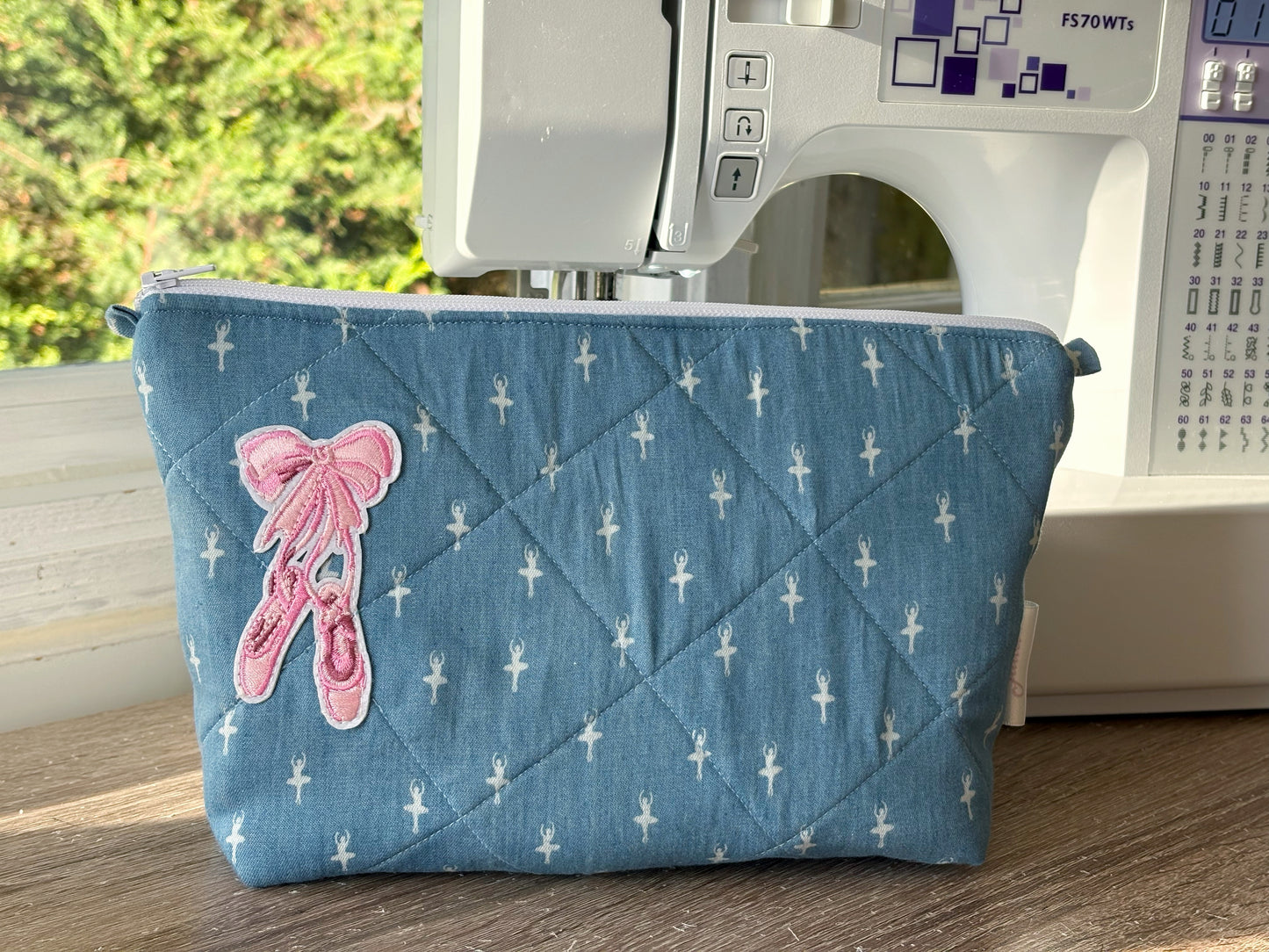 Handmade Blue Denim Ballerina Print Makeup Bag with Ballet Slipper Appliqué