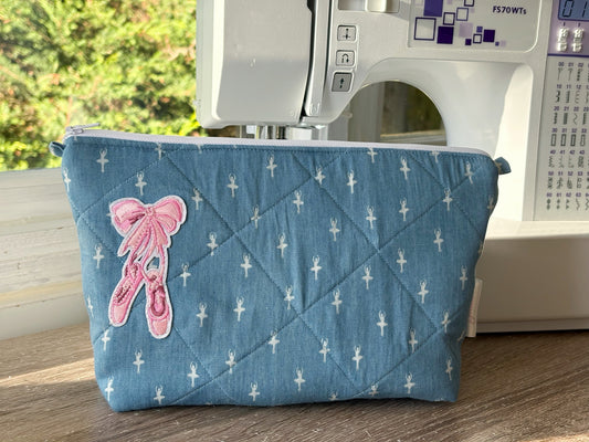 Handmade Blue Denim Ballerina Print Makeup Bag with Ballet Slipper Appliqué
